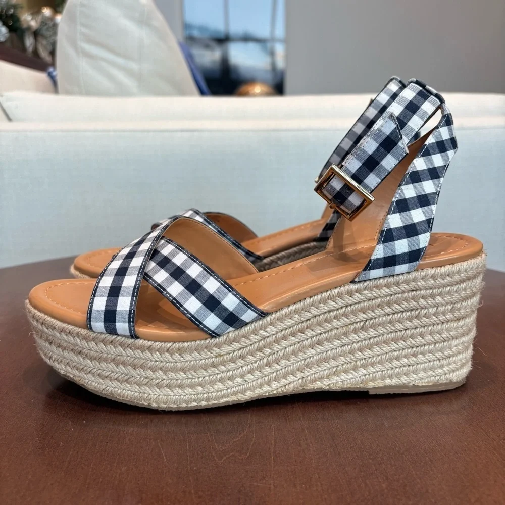 NWOT J. Crew Gingham flatform espadrilles Wedges, Size 8
